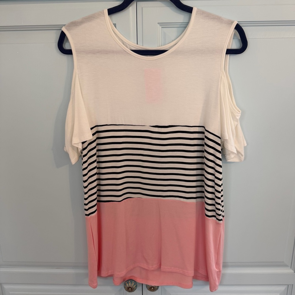 Brand New Pink and White Striped Cold Shoulder Top Size L